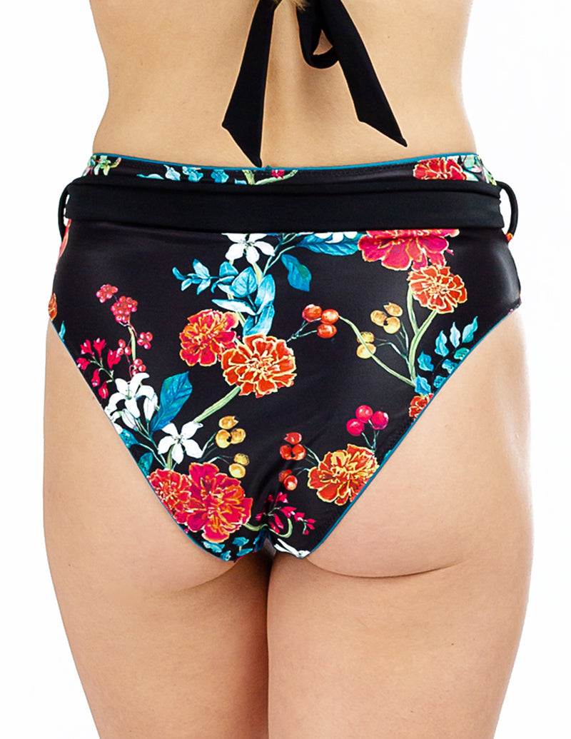 Reversible High Waist Bikini Bottom - Black and Teal